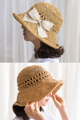 (UV 차단) 에토아르(etoile) 크로셰 천연 얀(yarn) 패션 리본 모자