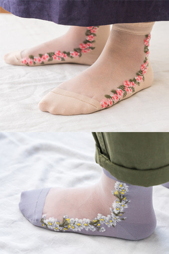 꽃문양 라인 디자인 메쉬 발목 양말 / 3color